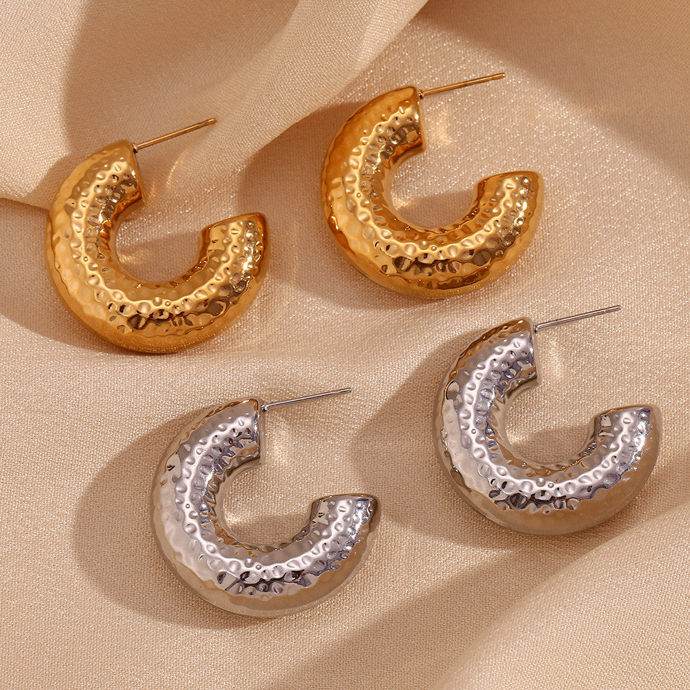 Silver 18k Gold Over Stainless Steel No Tarnish Hollow Hammered Pattern Hoop Earrings