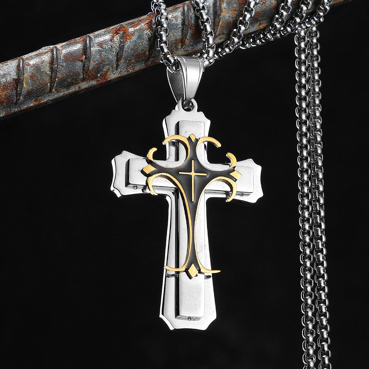 Designer Cross |.316L No Fade Stainless Steel Men's 14k Gold Accent Cross Pendant