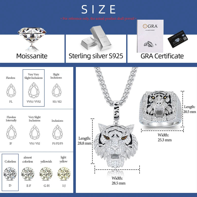 Tiger Pride Collection | 925 Sterling Silver Moissanite Diamond Tiger Pendant Ring Jewelry Set