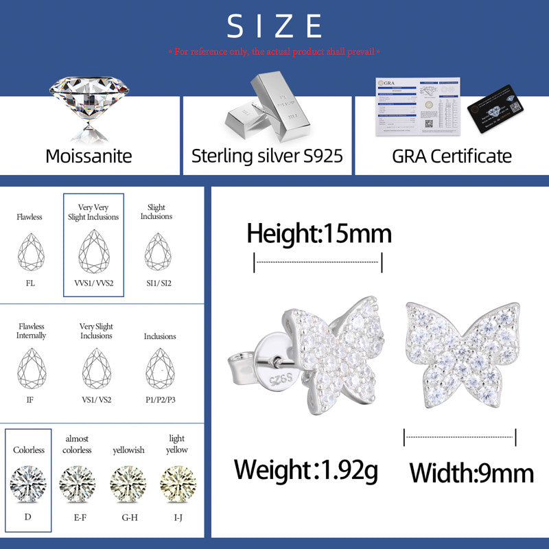 Sterling Silver Mini Butterfly Stud Moissanite Diamond Bling Earrings
