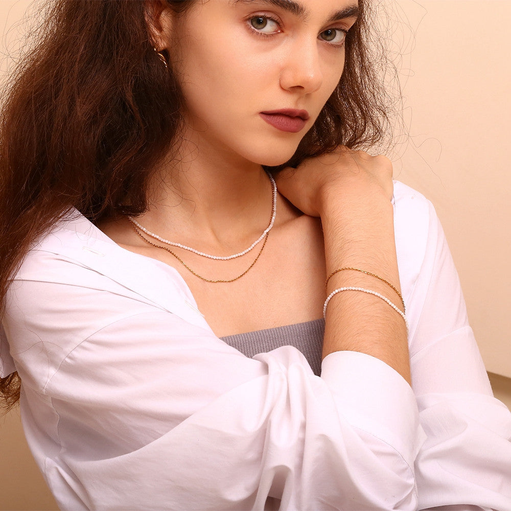 18k Gold Tarnish Free Amazonite O-shaped Double Layer Stainless Steel Necklace