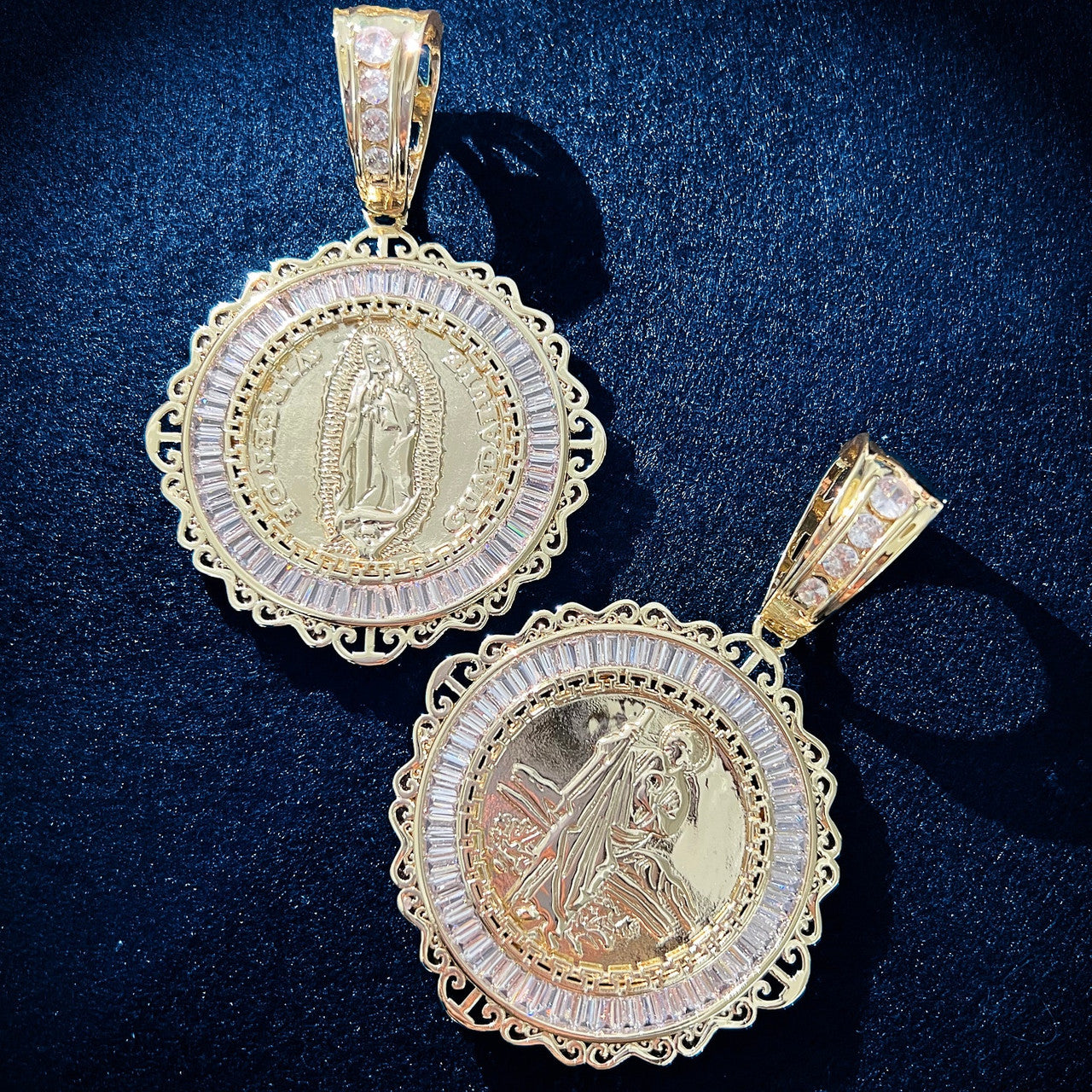 Mens Jesus Shepard Our Lady of Guadalupe Baguette Ice Spititual Hip hop Pendant Necklace