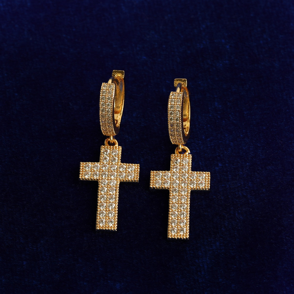 Retro Huggie | VVS Diamond CZ Dangle Cross 80's Style Hip Hop 4 Prong Set Earrings
