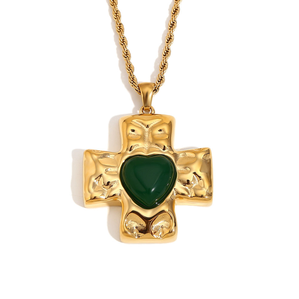 18k Gold Stainless Steel Hammered Pattern Heart Cross Agate Stone Pendant Necklace