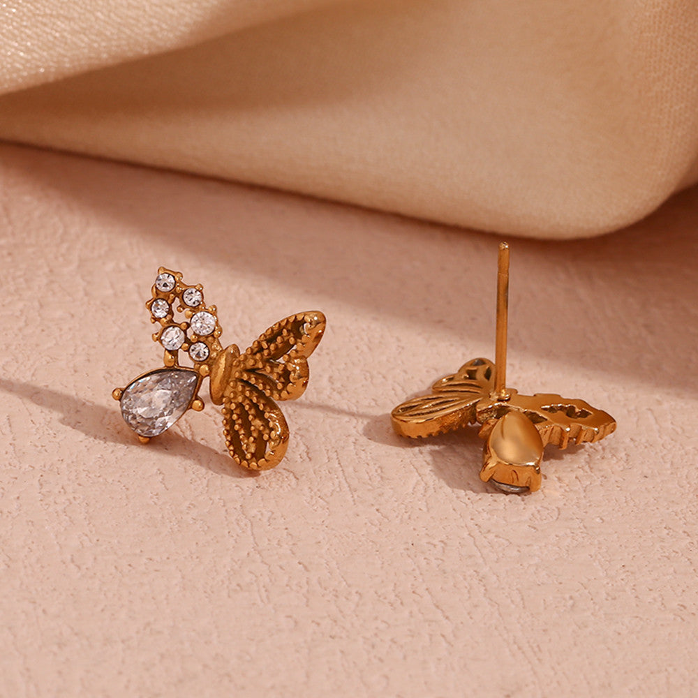 18k Gold Stainless Steel Half Set Zircon Butterfly Stud Waterproof Earrings