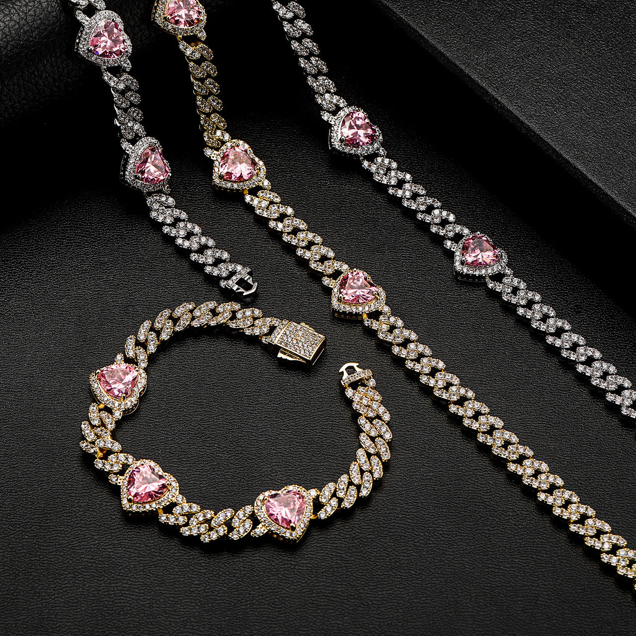 Pink Desire | New 8MM VVS Diamond CZ Cuban Link Pink Heart Bling Gemstone Bracelet