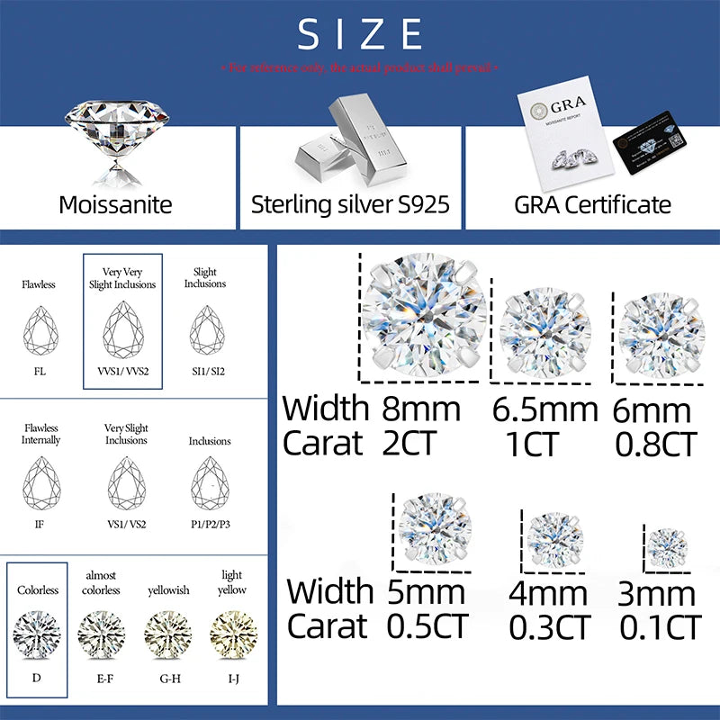 Daily VVS1 | Solid 925 Sterling Silver 0.1-2ct D Color VVS1 Moissanite Diamond Stud Earrings