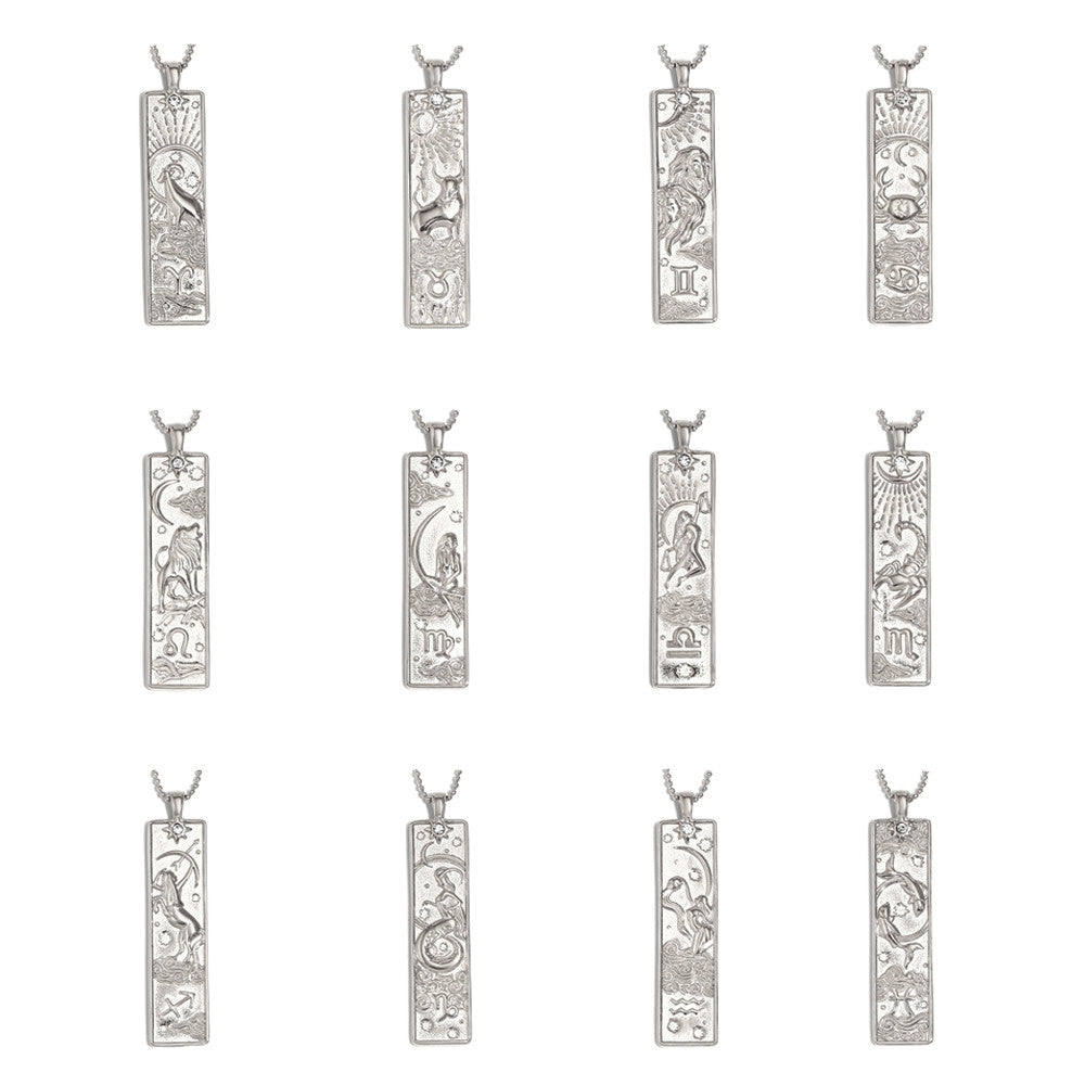 Ladies 18k Gold Waterproof Stainless Steel Rectangle Shape 12 Constellation Pendant Necklace