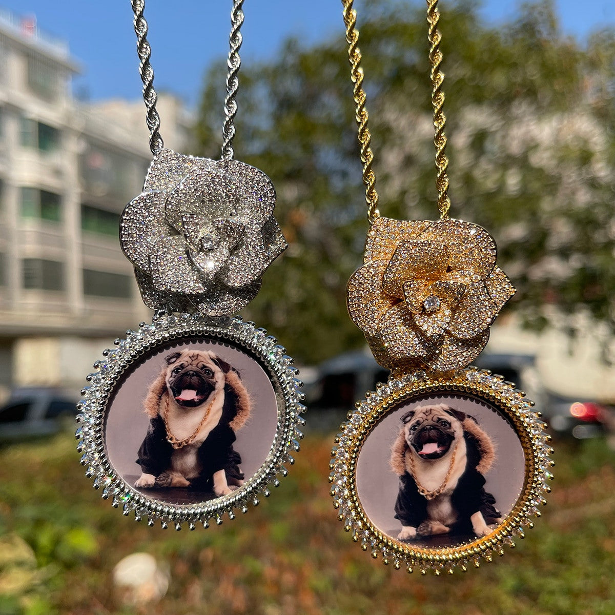 Custom Made Rose Heart Bail Prong Set Stone Photo Picture Pendant Chain Necklace