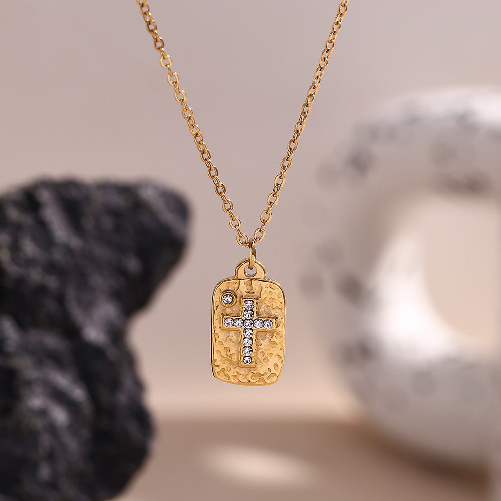 Women's CZ Cross Hammered Pattern Square Plate 18k Gold Waterproof Necklace