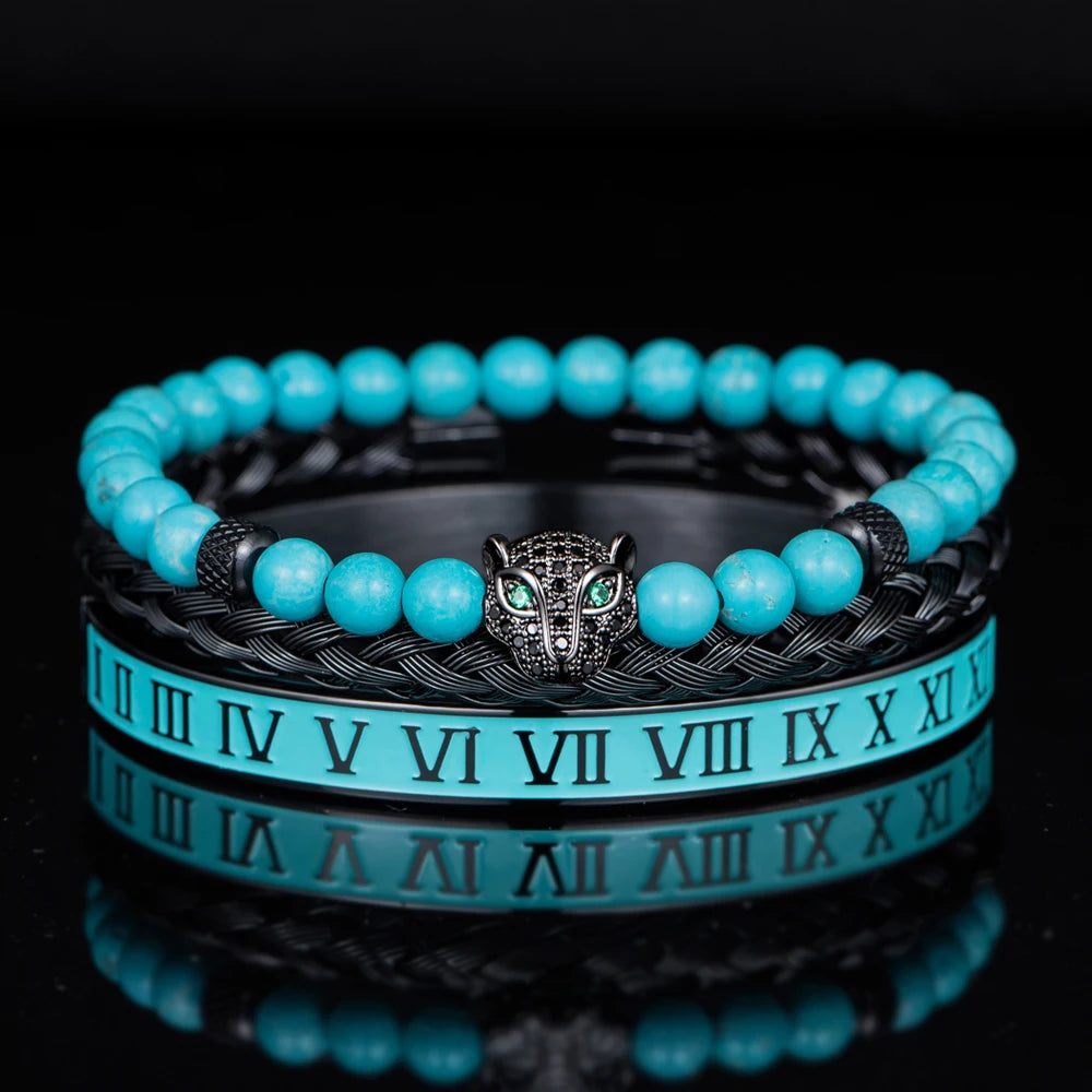 Turquoise Stone | VVS Diamond CZ Roman Numeral Leopard Head Luxury Bracelet