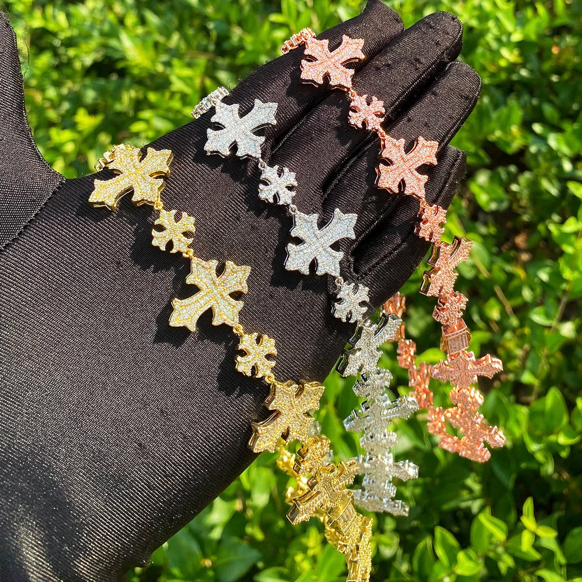 Fleur de Lis Cross Link | VVS Diamond CZ 24k Gold 925 Silver Hip Hop Chain Necklace