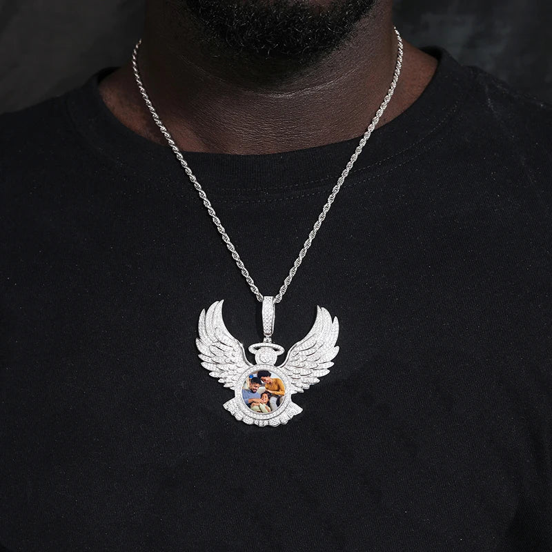 Angel Of Protection | 925 Moissanite Diamond Angel Wings Protection Custom Photo Pendant