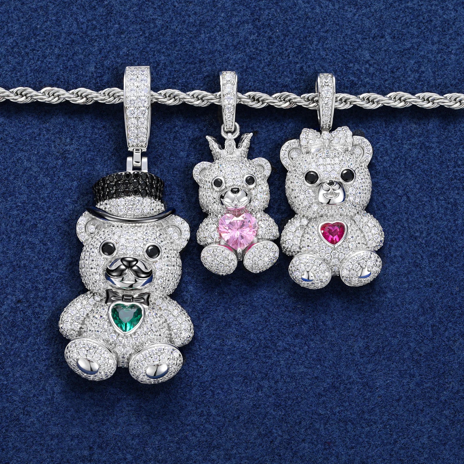 Gentleman Bear Family | 925 Sterling Silver Moissanite Diamond Iced Blinged Out Pendant