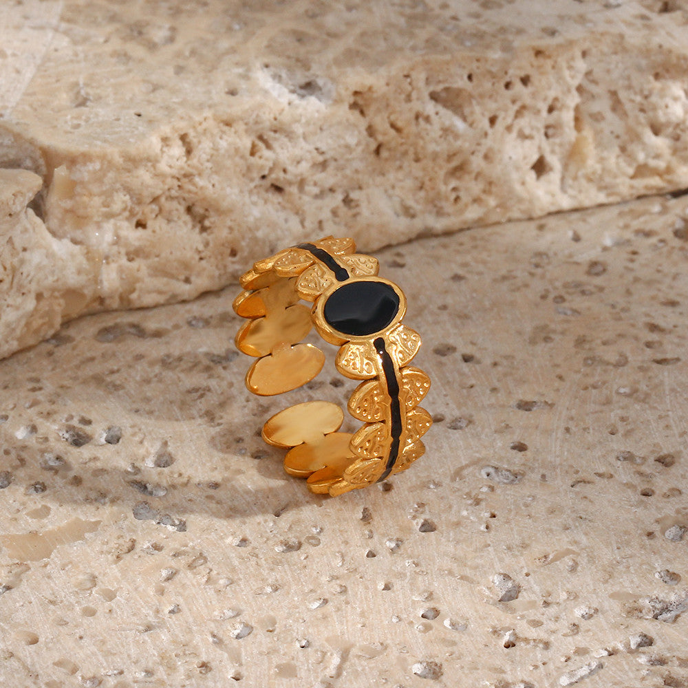 Enamel Black | 18k Gold over No Fade Stainless Steel Hollow Adjustable Rings