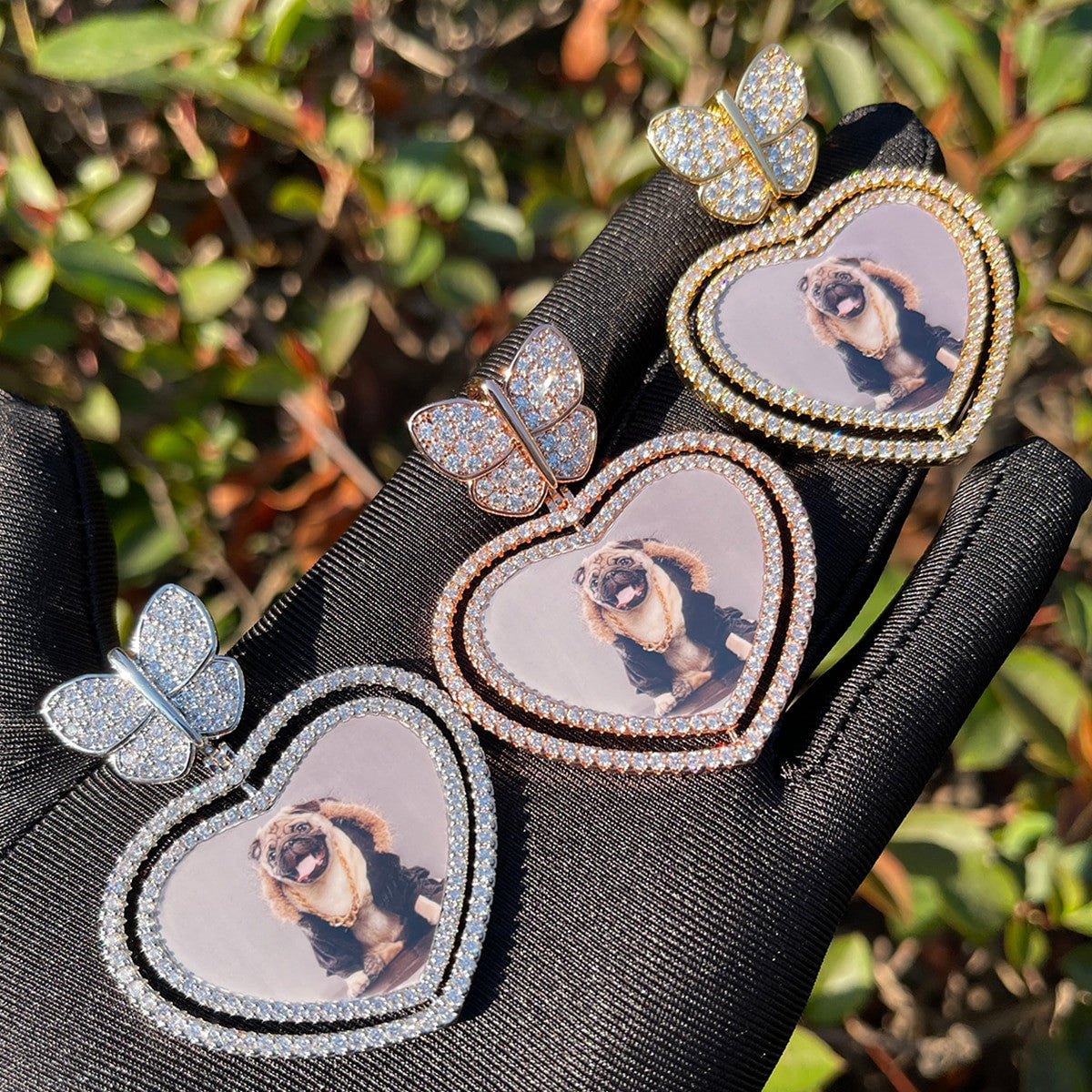 Custom Made Butterfly Heart Rotating Photo Picture Pendant Chain Necklace