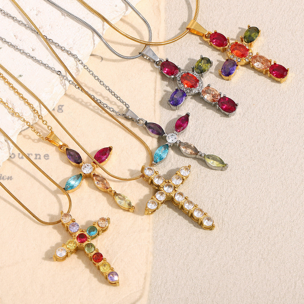 18k Gold Stainless Steel Luxury Colored CZ Cross Pendant Bling No Tarnish Women's Necklace
