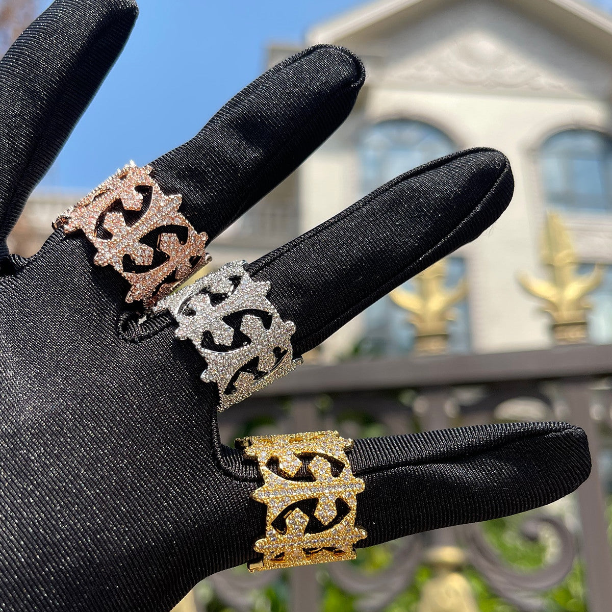 Mens Iced Blinged Out Cross Cutout 24k Rose Gold Silver Hip Hop Thick Pharaoh Rings