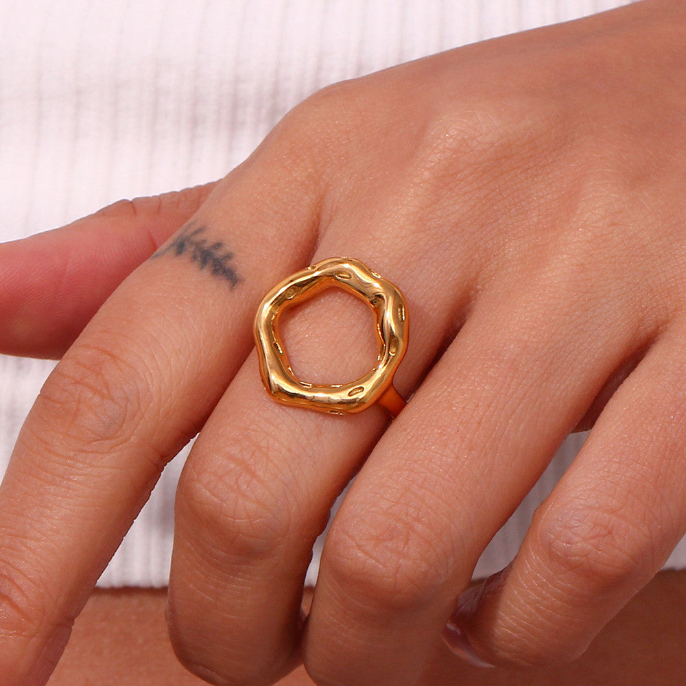 Ladies 18k Gold Silver Tarnish Free Hollow Circle Personality Conversation Starter Rings