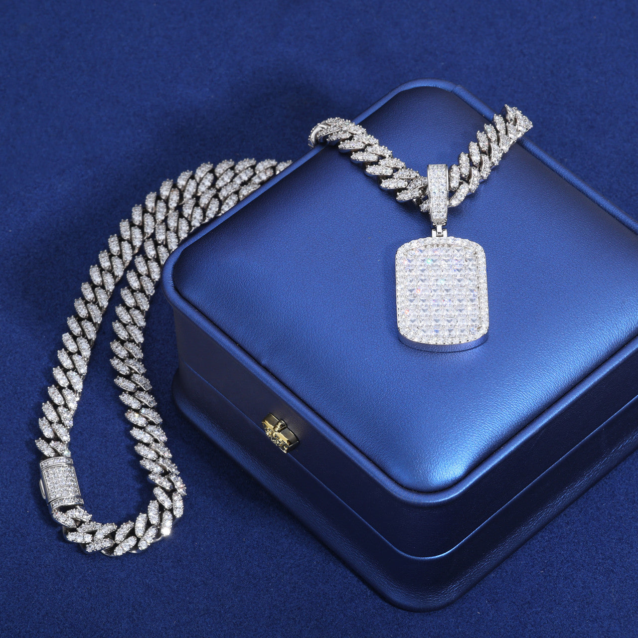 The Grid | Full Iced Blinged Out Princess Cut Solid Silver Moissanite Diamond Dog Tag Pendant