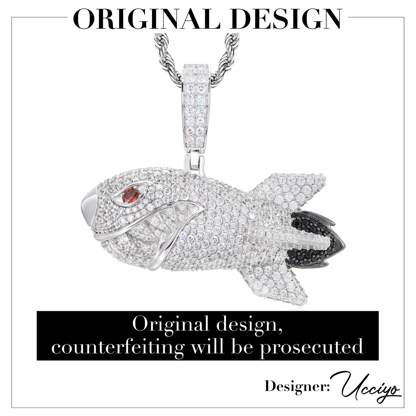 Missile Shark | 925 Sterling Silver Moissanite Hip Hop Shark Missile Hip Hop Pendant