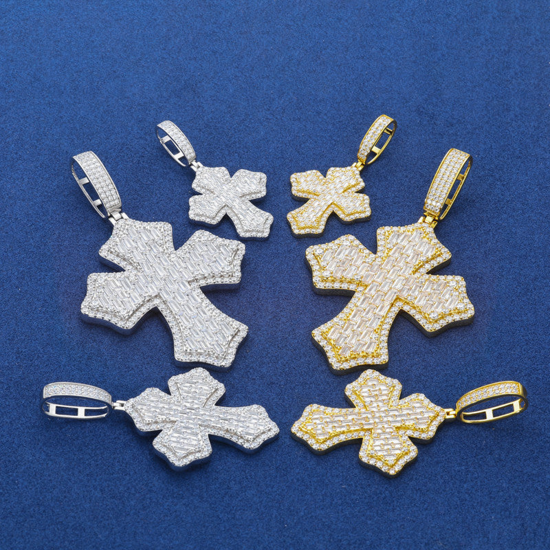 Cross Shield | Solid 925 Sterling Silver Moissanite Diamond Baguette Hip Hop Pendant