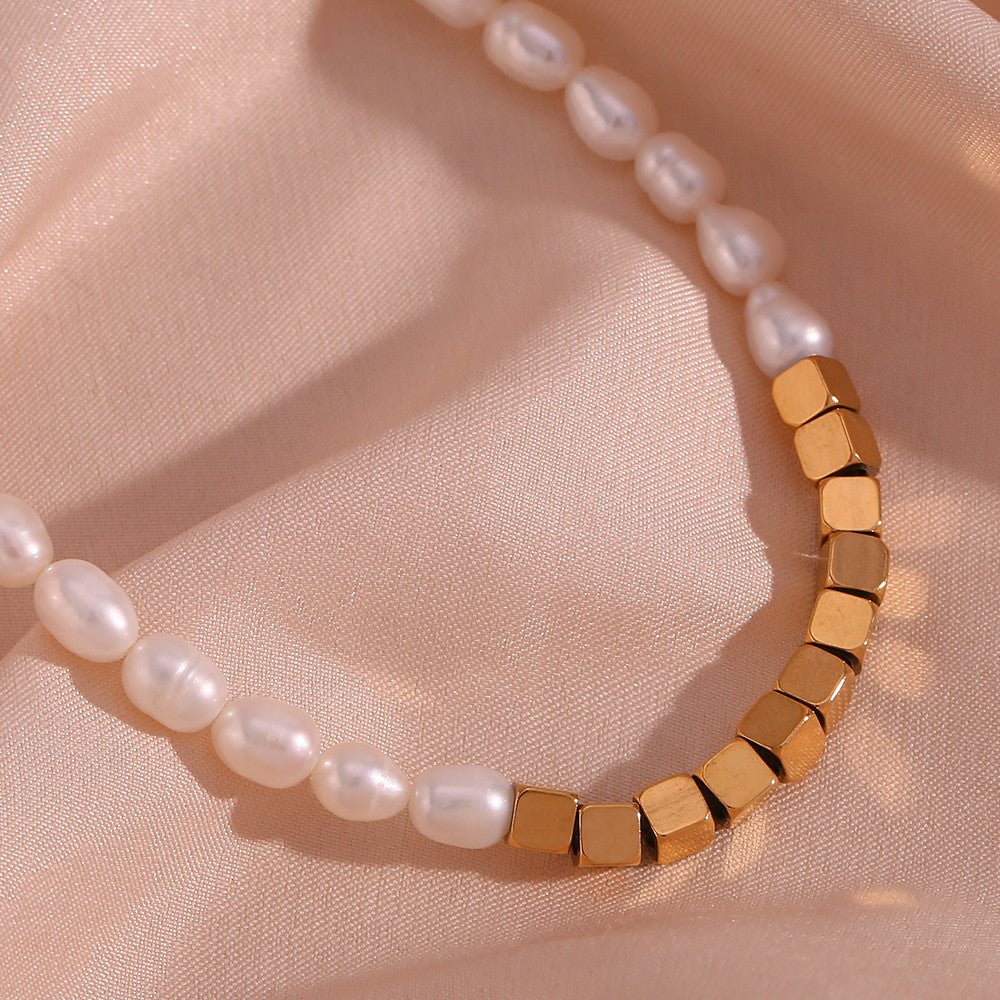 18k Gold Stainless Steel Cubic Beads Freshwater Pearl Choker Necklaces Bracelets Jewelry Set