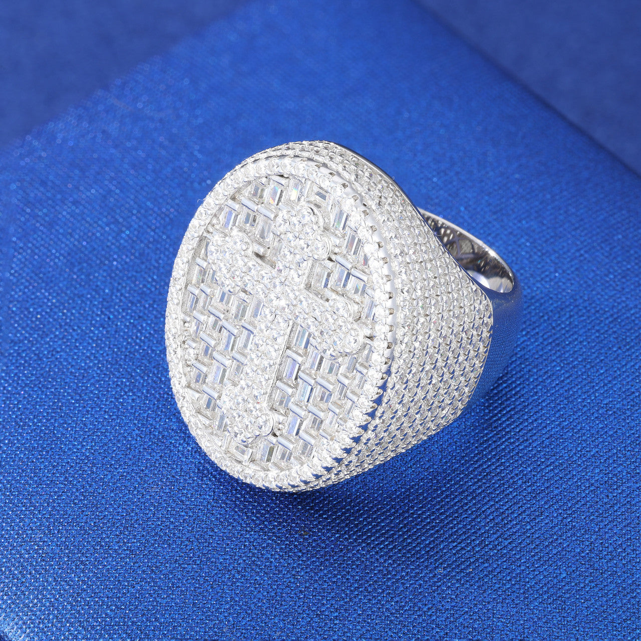 Men's Iced Blinged Out Baguette Sterling Silver Full Moissanite Diamond Cross Ring