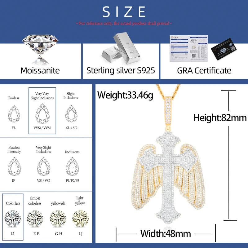 The Bling Angel | VVS Moissanite Diamond Angel Wings Cross 925 Silver Hip Hop Pendant