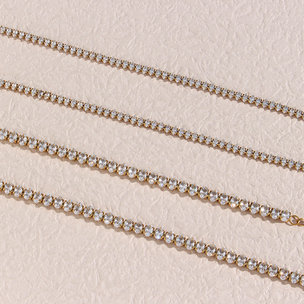 Ladies 18k Gold Waterproof Stainless Steel Marquise Oval CZ Tennis Necklace Bracelet Set