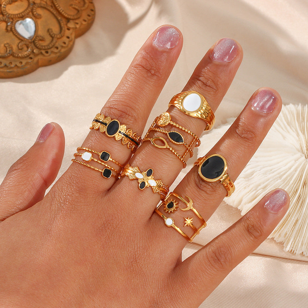 Enamel Black | 18k Gold over No Fade Stainless Steel Hollow Adjustable Rings