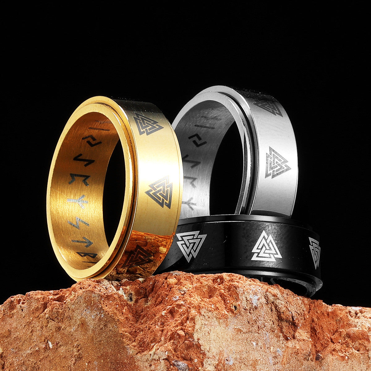Odin's Triangle | 14k Gold Black Silver Rotating Spinner Men Mythical Rings