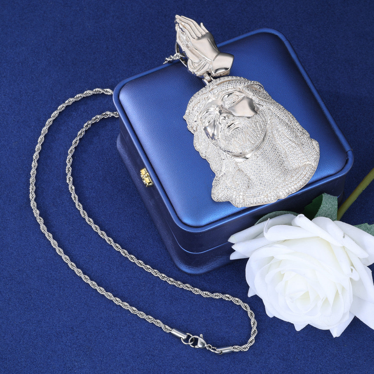 Child Of the King | Solid Sterling Moissanite Diamond Prayer Hands Jesus Piece Chain