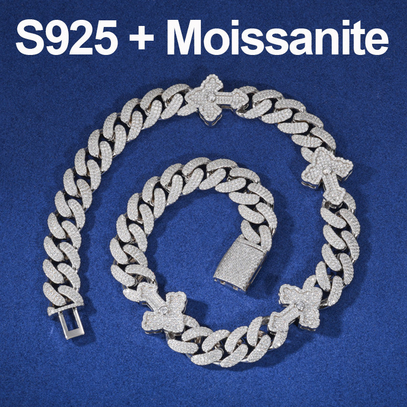 Mens Iced Blinged Out Hip Hop S925 VVS Diamond Moissanite Cross Cuban Link Chain