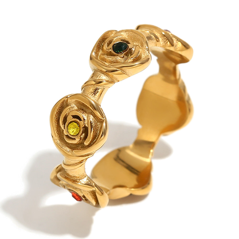 18k Gold Waterproof Stainless Steel Colorful CZ Rose Flower Cross Necklace Earring Ring Set