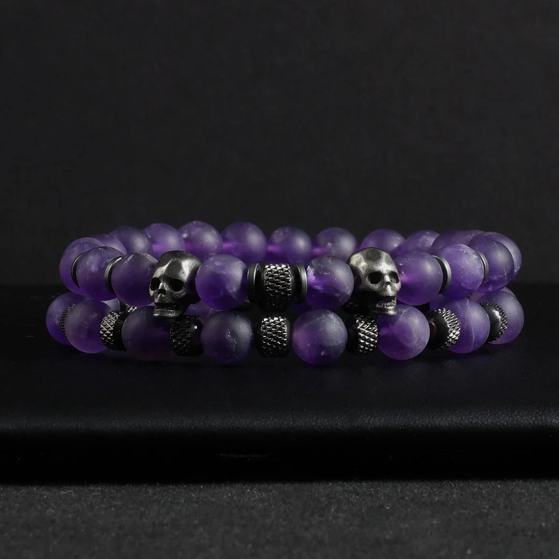 Skull Amethyst | Luxury 2pcs/Set Natural Amethyst Skull Beads Stretch Adjustable Bracelet