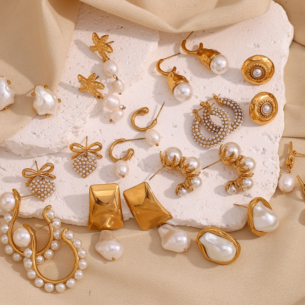 Ladies 10 styles Imitaion Pearl 18k Gold Waterproof Stainless Steel Earrings