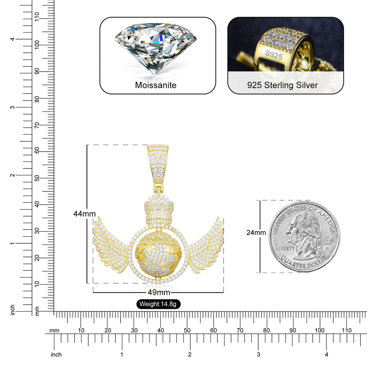 The King | Moissanite Diamond Rotating Globe Wings Crown Hip Hop Pendant