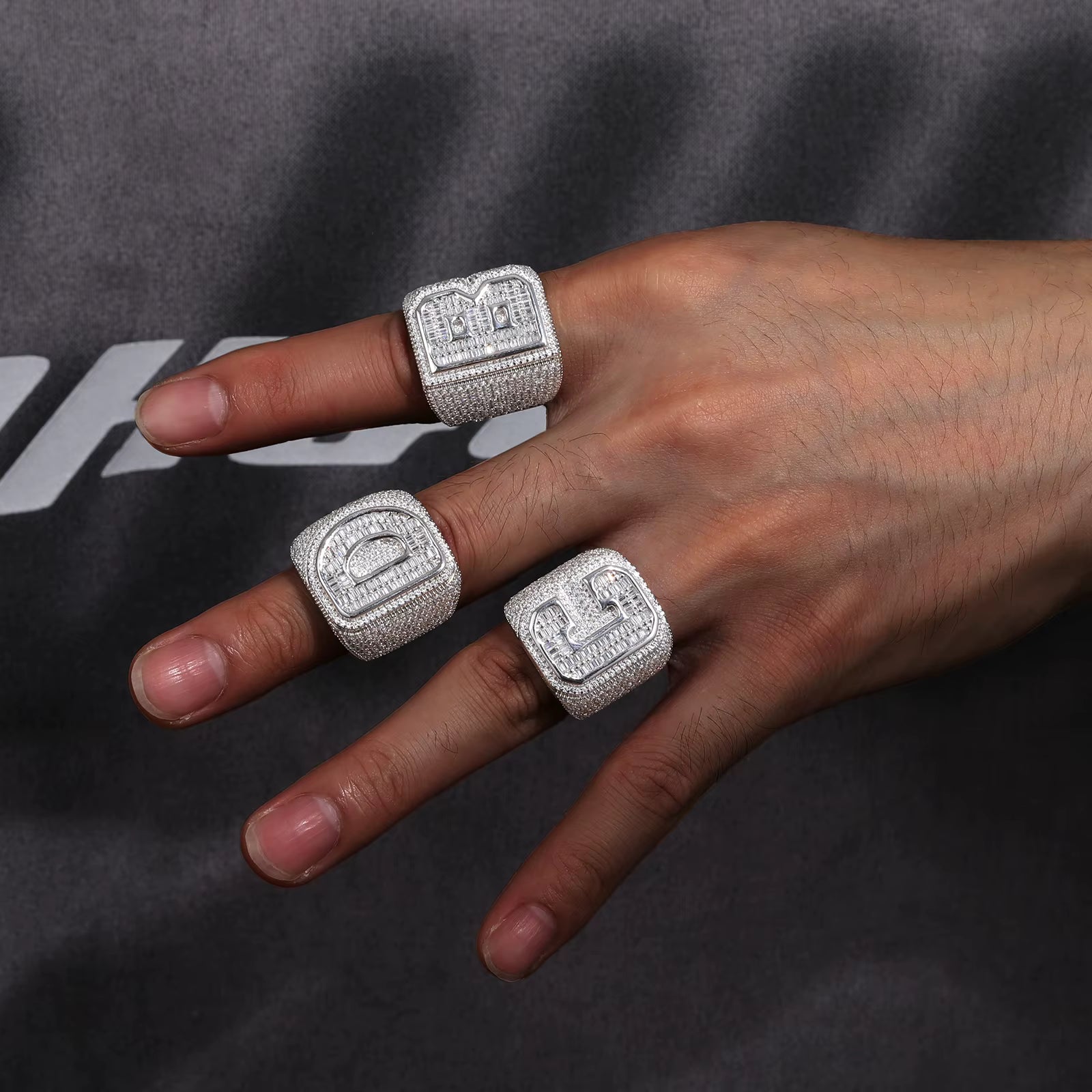 The Alpha II | Moissanite VVS Diamond Baguette Solid 925 Silver Initial Letter Hip Hop Rings