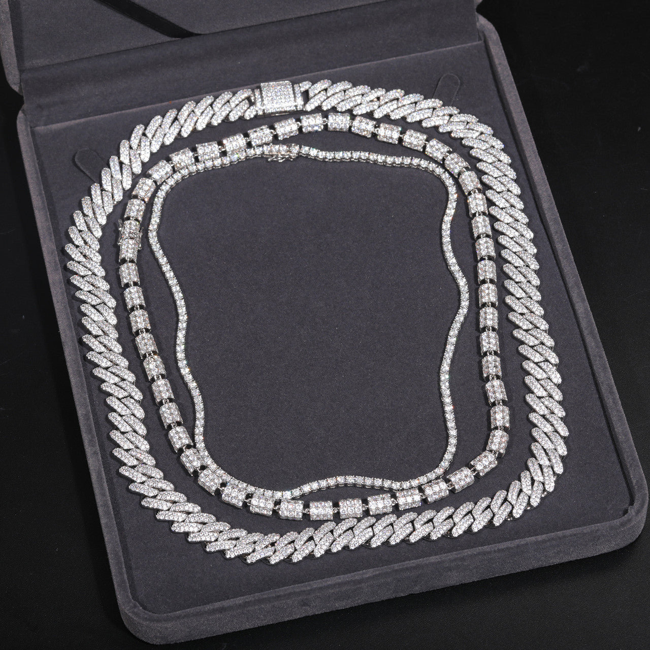 Moissanite Diamond Trio | 3 Piece Cuban Barrel Tennis Chain Solid 925 Silver Necklace Set