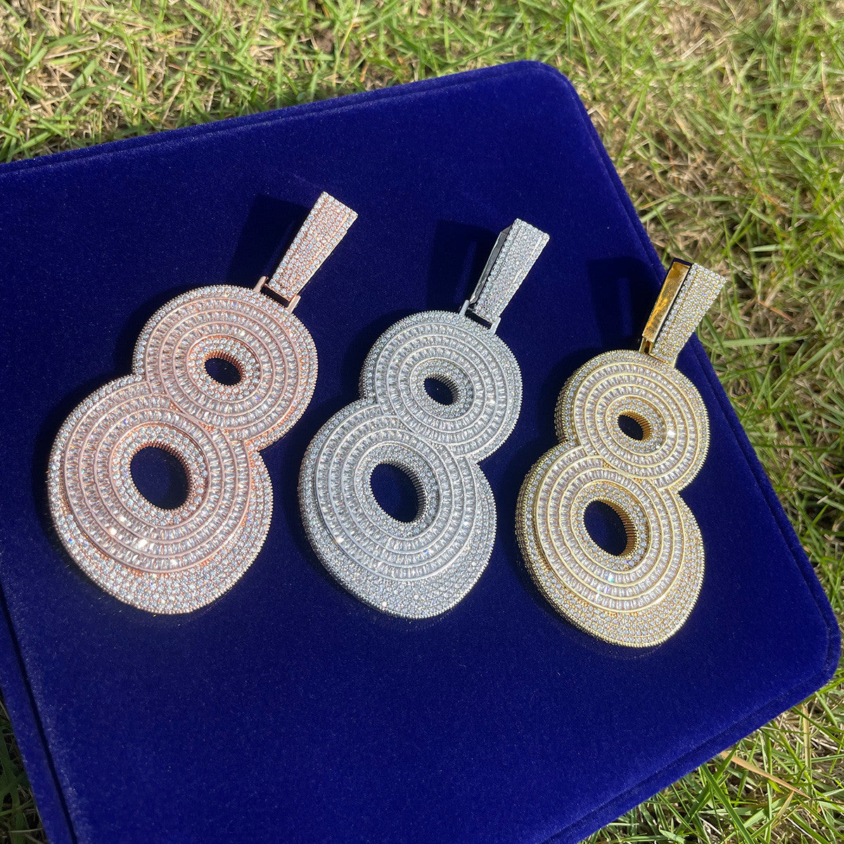 24k Gold Silver Rose Iced Painted Art Deco Offset Number 8 Hip Hop Pendant