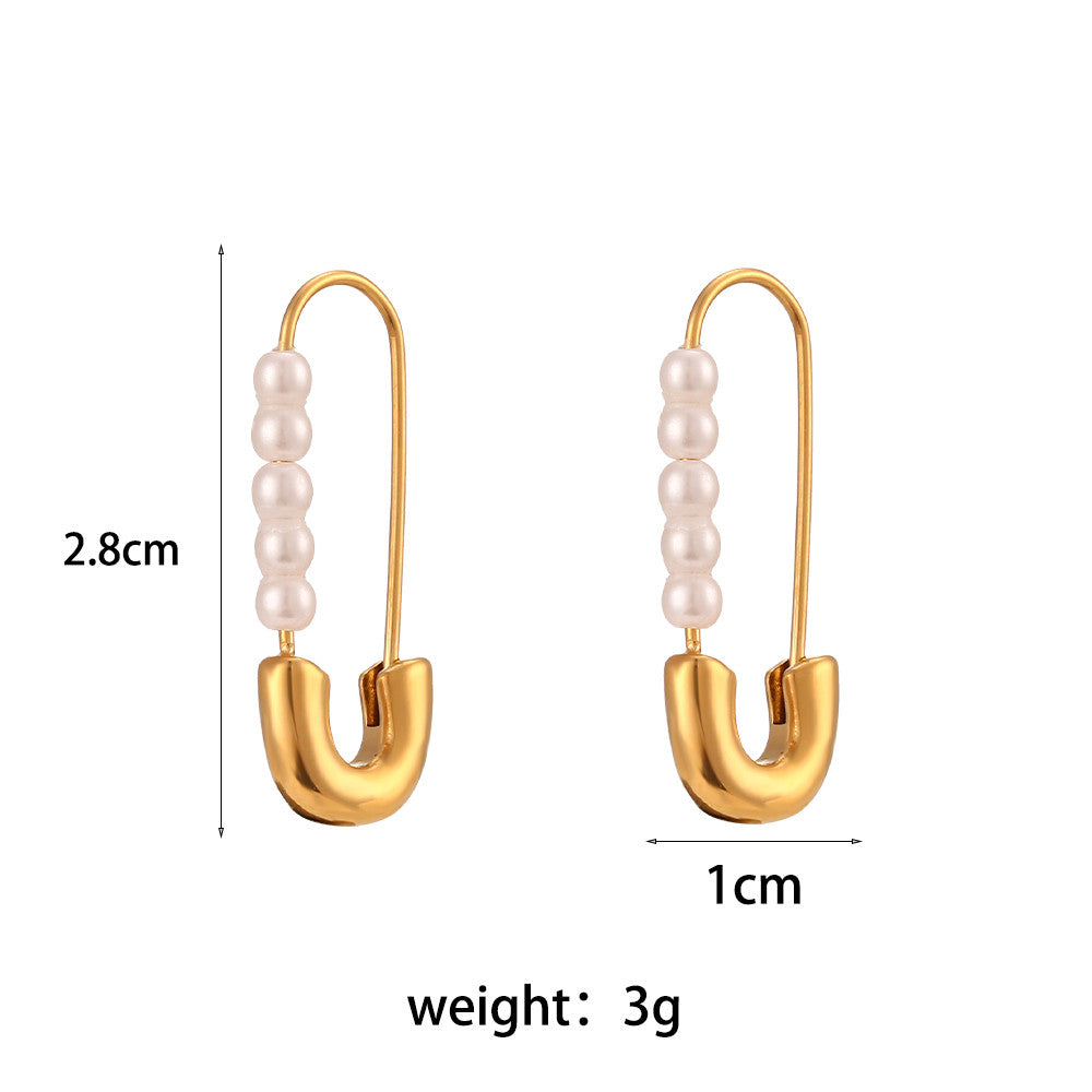 Women's 18k Gold Stainless Steel No Fade Safety Pin Pearl Earrings