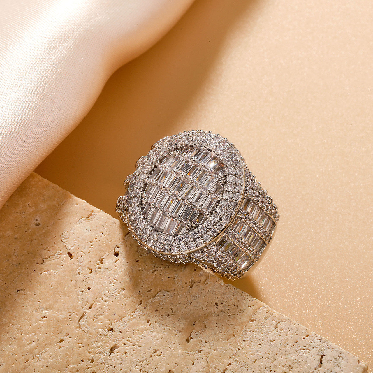 Men's Oval Cut 14k White Yellow Gold Iced Bling Out Baguette Hip Hop Ring