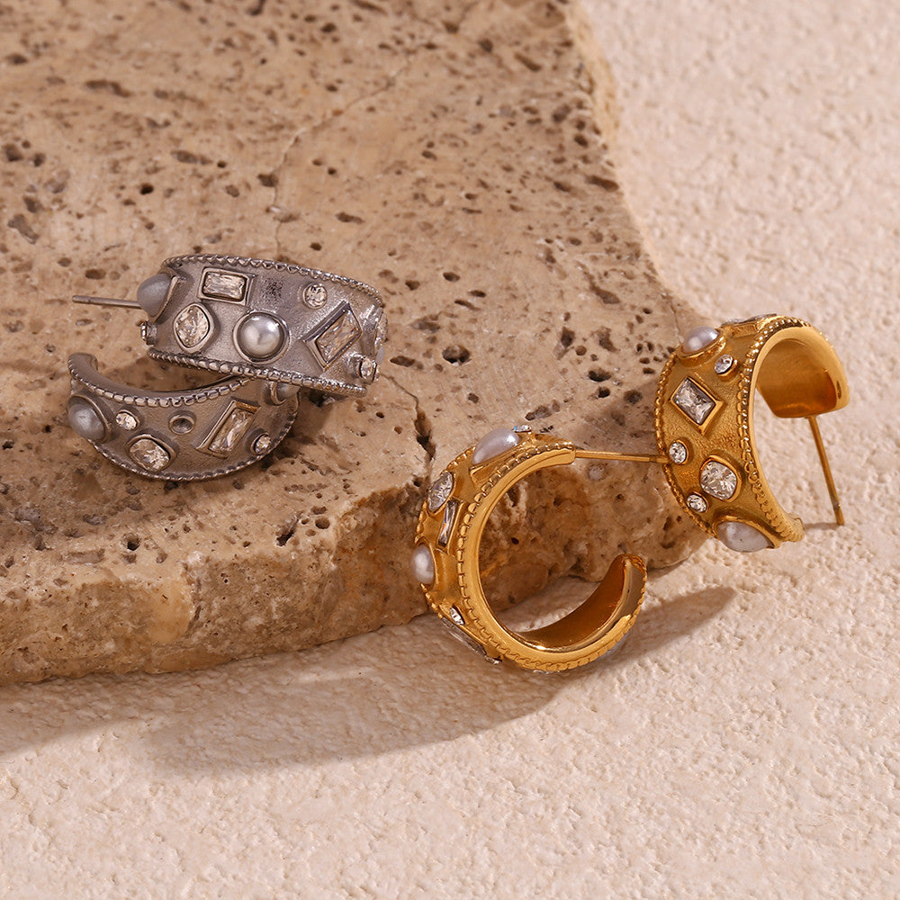 18k Gold Stainless Steel CZ C-shaped Hoop Pearl Waterproof Earrings