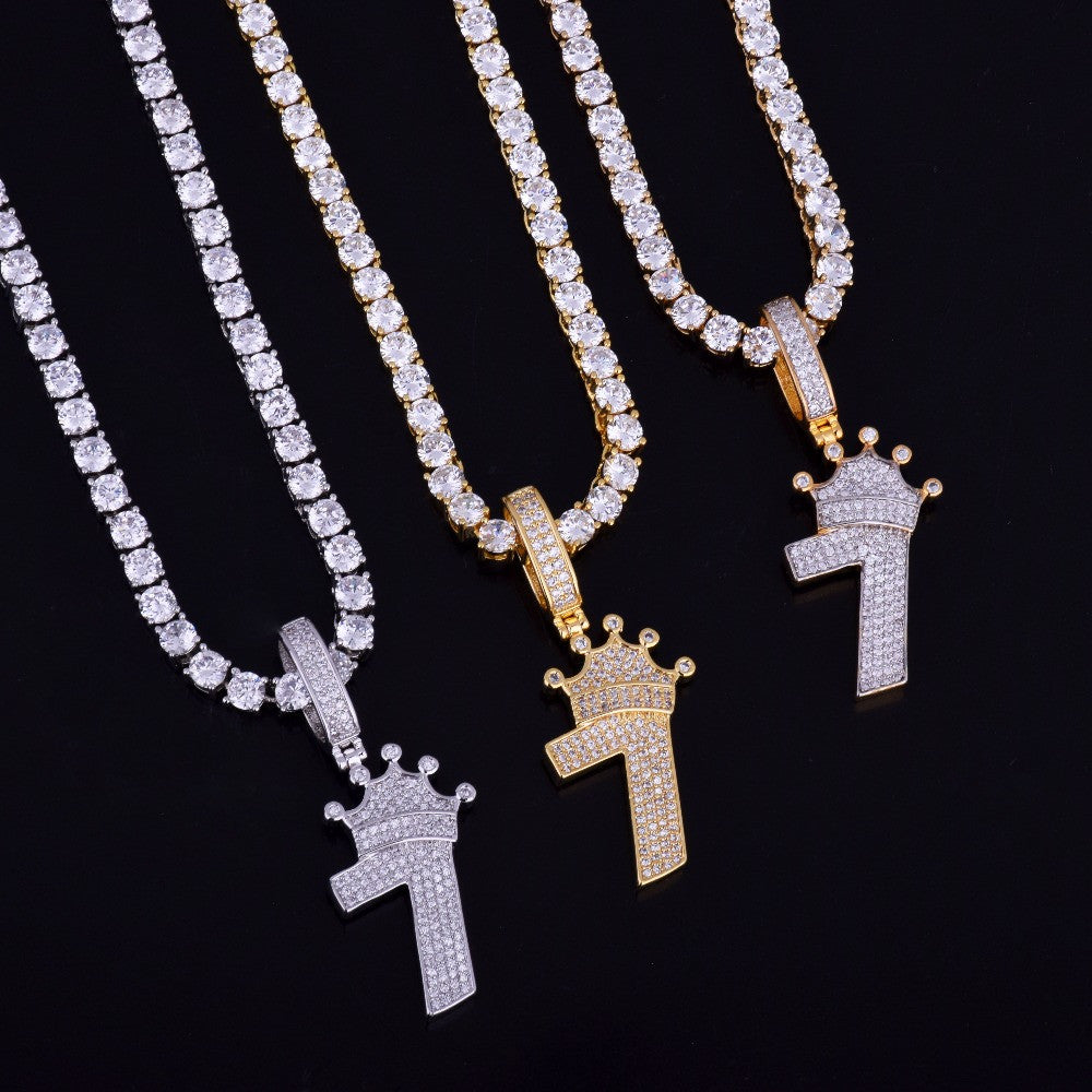 Kings Crown 18k Gold .925 Silver Lucky Number 7 AAA True Micro Pave Flooded Ice Chain