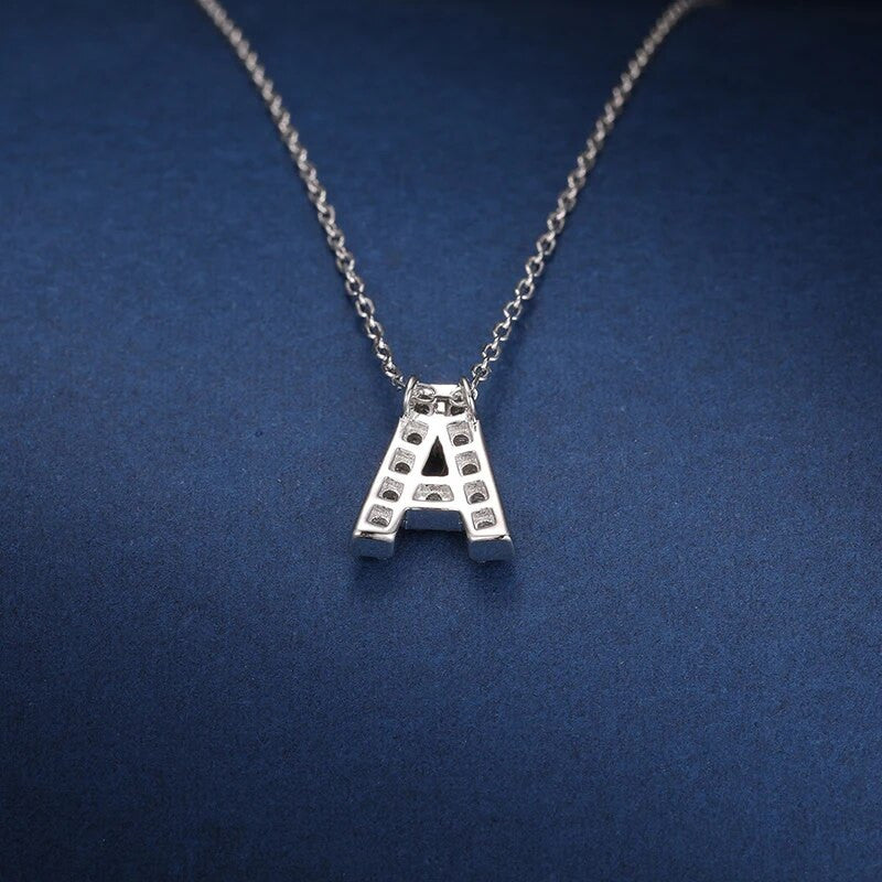 Ladies Solid 925 Silver Genuine VVS Diamond Initial Letter Choker Clavicle Chain Necklace