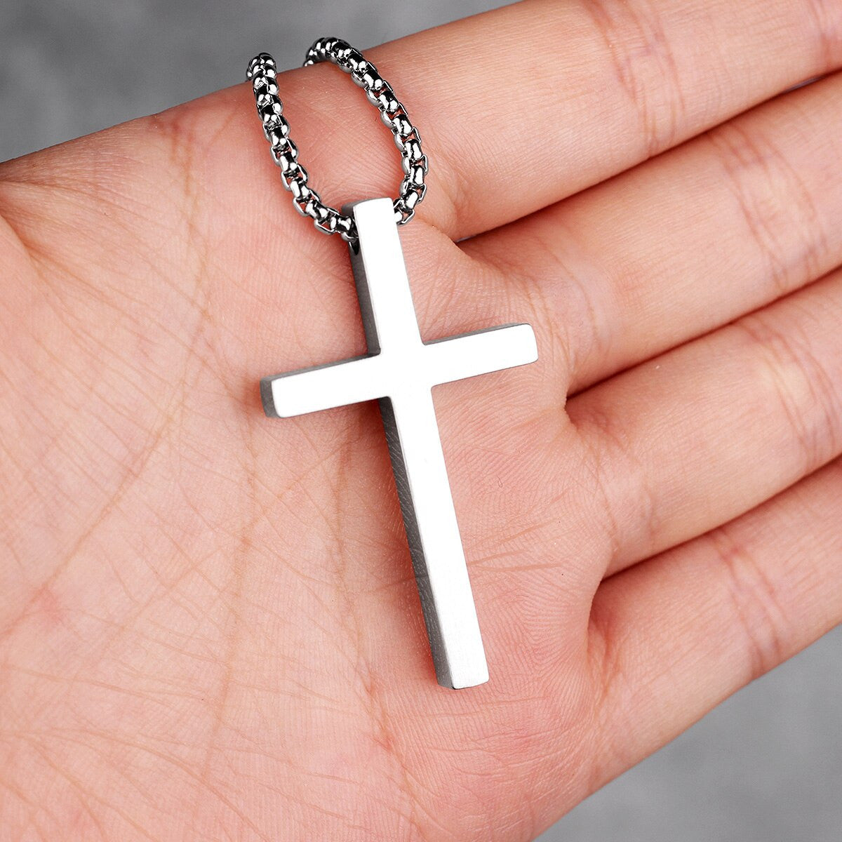 Classic No Fade Silver Stainless Steel Block Cross Pendant Chain Necklace