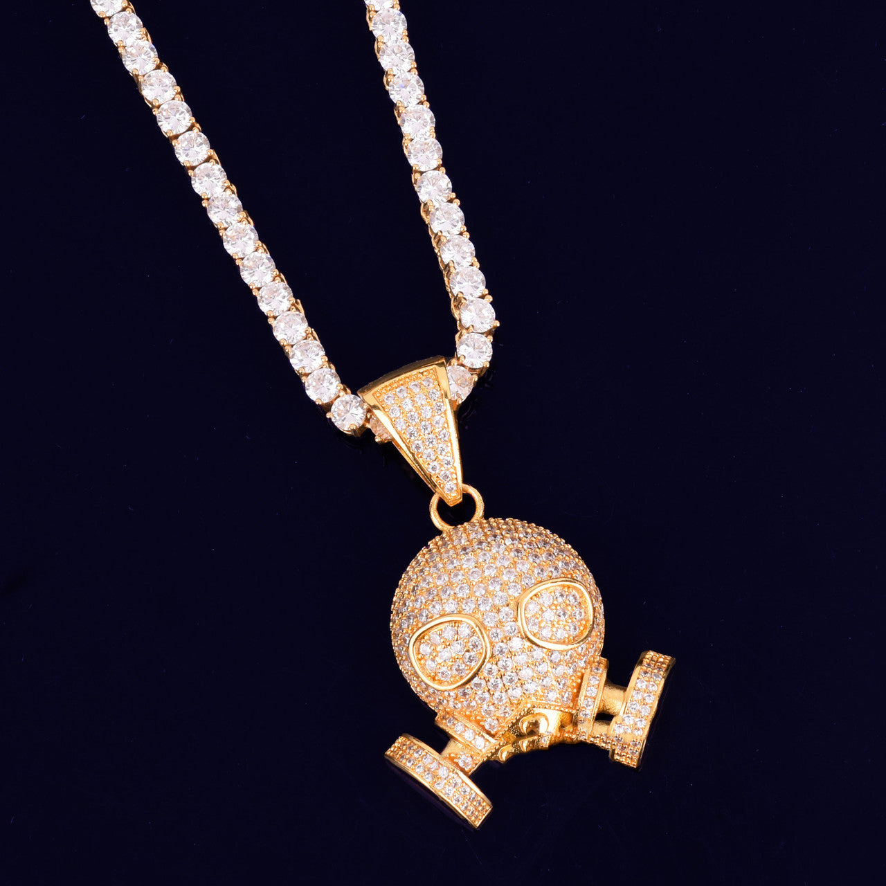 Flooded Ice True Micro Pave Hip Hop Skull Gas Mask 18k Gold .925 Silver Pendant Chain Necklace