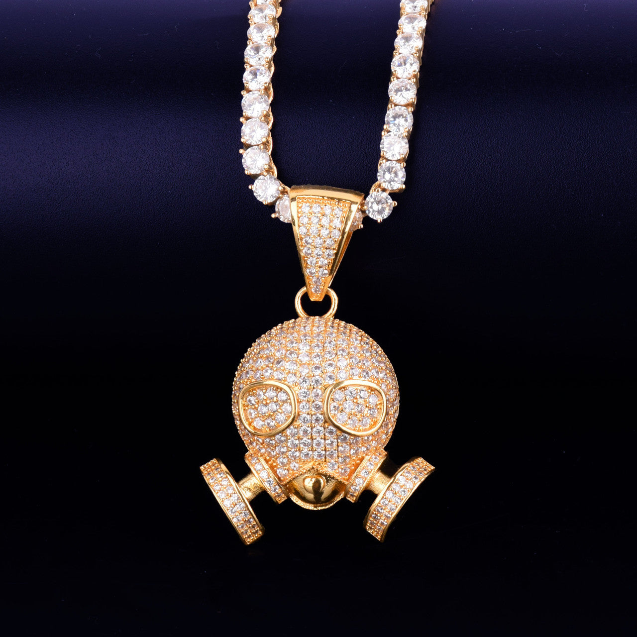 Flooded Ice True Micro Pave Hip Hop Skull Gas Mask 18k Gold .925 Silver Pendant Chain Necklace
