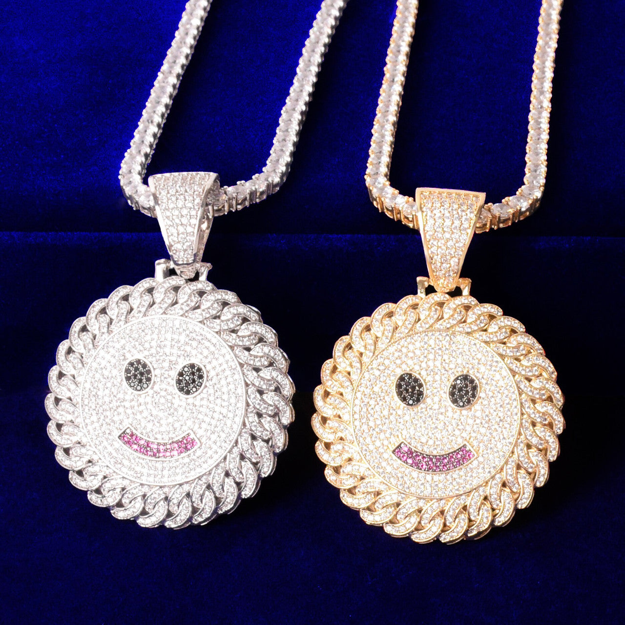 18k Gold 925 Silver Flooded Ice Cuban Link Design Smiley Face Hip Hop Pendant Chain Necklaces